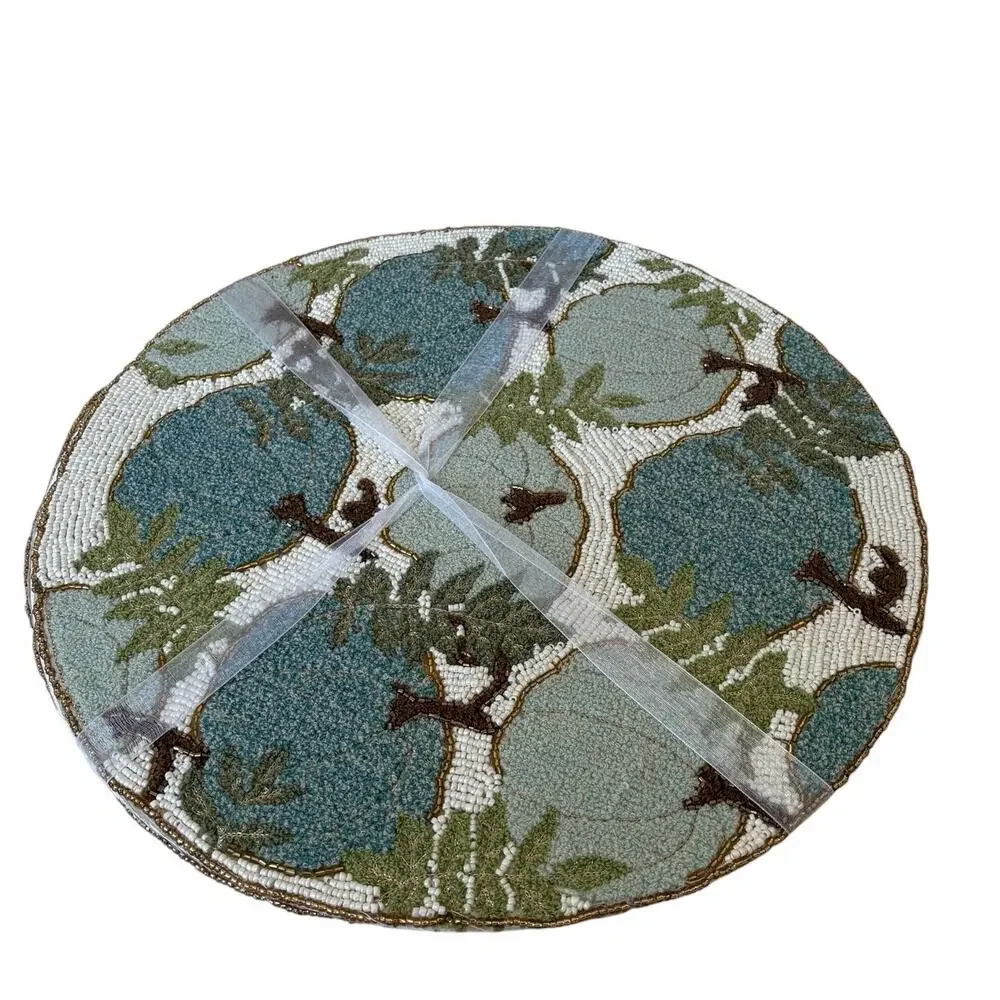 2pc Tahari Beaded Pumpkin Placemats 15in Round Blue Green Fall Thanksgiving NEW